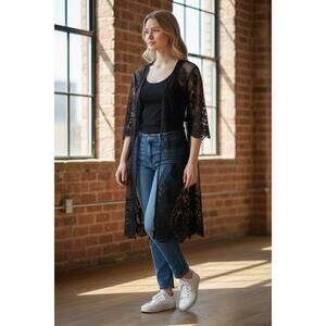 Designs Black Lace Kimono | Sheer Open Front Floral Cardigan Size M